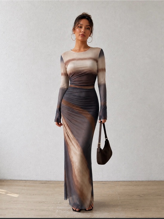 Commense Dresses & Skirts - Commense Long Sleeve Ruched Mesh Ombre Maxi Dress